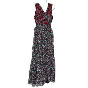 Anthro Ranna Gill Alexandra Floral Sleeveless Embroidered Wrap Maxi Dress Green